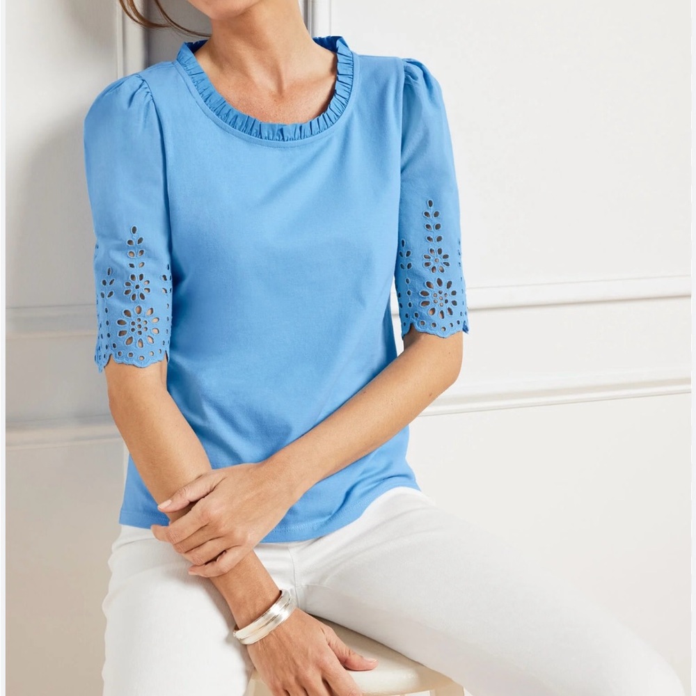 Talbots Blue eyelet Short Sleeve Blouse shirt top women’s size large petite